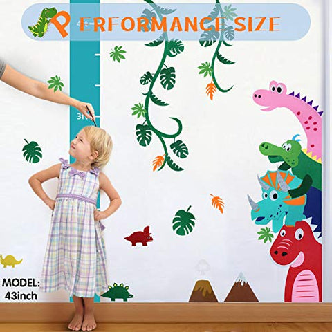 Kids Dinosaur Wall Decals for Boys Girls Room, Felt Dinosaur Wall Stickers with Growth Chart Ruler for Baby Bedroom, Nursery Decor, Playroom