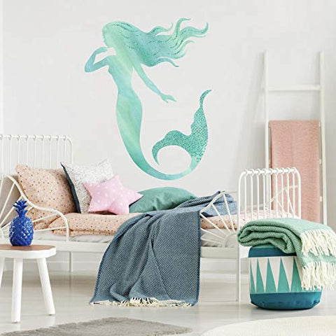 RoomMates Glitter Mermaid Peel and Stick Giant Wall Decals,Blue, Aqua, Teal