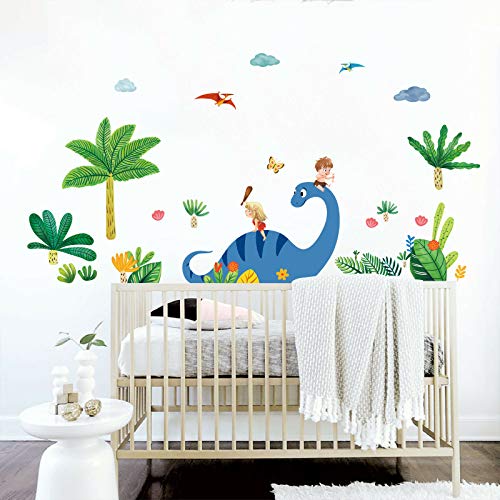 decalmile Dinosaur Wall Decals Palm Tree Kids Wall Stickers Baby Nursery Boys Bedroom Playroom Wall Decor