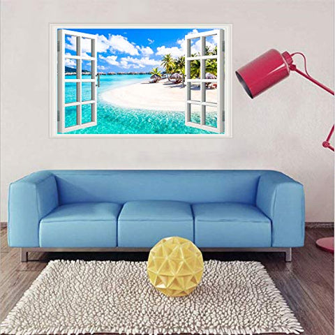 Amtoodopin 3D Beach Seascape Fake Windows Wall Stickers Removable Faux Windows Wall Decal Landscape Wall Decor for Livingroom Bedroom (Beach Seascape)