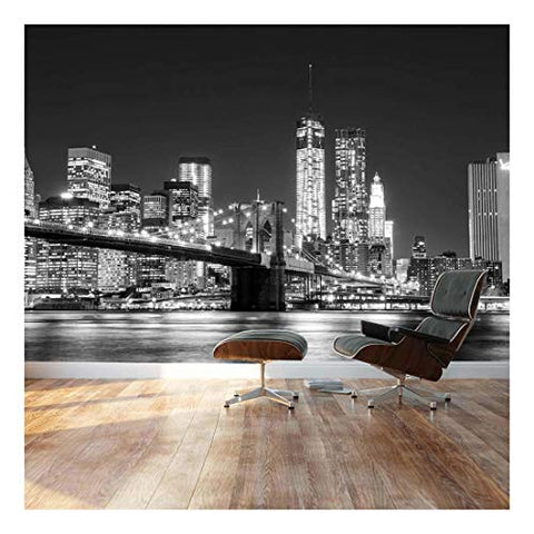 Wall26 - Black and White Manhattan Skyline and Brooklyn Bridge - Landscape - Wall Mural, Removable Sticker, Home Decor - 66x96 inches
