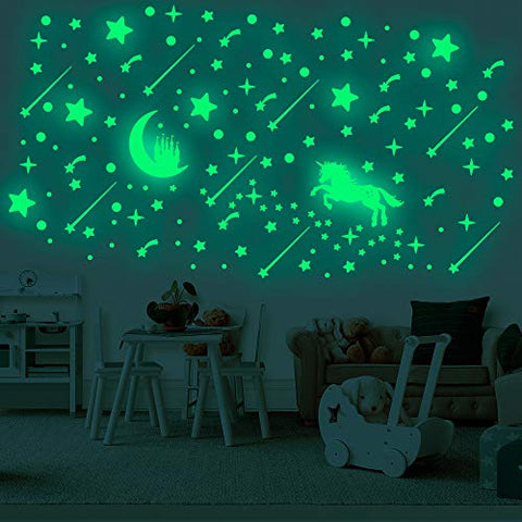 296 PCS Glow in Dark Stars and Unicorn, Glowing Stars for Ceiling, Stars Wall Decals for Kids Nursery Room (Unicorn and Stars)