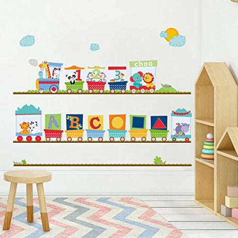 Animal Train Wall Stickers Giraffe Elephant Alphabet Wall Decals Art Decor for Kids Bedroom Nursery Playroom