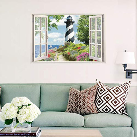 Weisfe78 1 pc PVC 3D Simulation Window Lighthouse Wall Decals Removable Peel and Stick Wall Stickers Living Room Bedroom Background Wall Decoration Wall Sticker, 50X70cm
