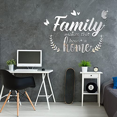 3D Acrylic Mirror Decal Wall Decor Stickers Family Letter Quotes Wall Stickers Removable DIY Motivational Family Butterfly Mirror Stickers for Home Office Dorm Mirror Wall Decoration (Silver)