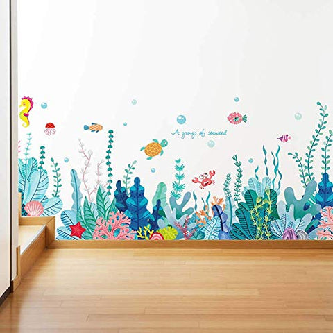 Amaonm Creative Cartoon Removable 3D Under The Sea World Nature Scenery Wall Stickers Ocean Grass Colorful Seaweed Baseboard Wall Decal for Wall Corner Nursery Room Bathroom Living Room (Seaweed)