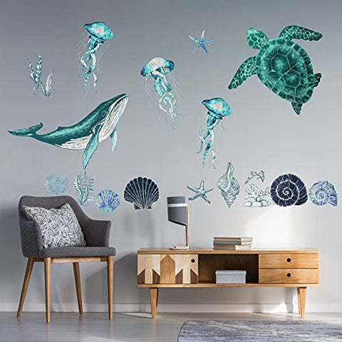 Art Ocean Wall Decals Ocean Stickers Under The Sea Wall Decals Nautical Beach Sea Turtle Seahorse Wall Sticker Removable Peel and Stick for Kids Baby Bedroom Living Room Bathroom Office