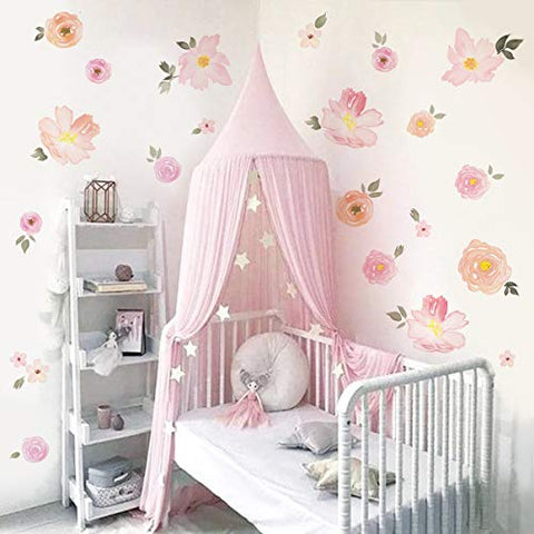 decalmile Pink Flower Wall Decals Watercolor Blooming Peony Floral Wall Stickers Girls Bedroom Wedding Party Decoration