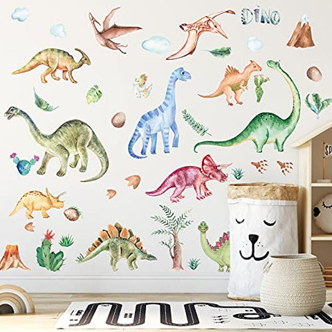 2 Sheets Dinosaur Wall Decals Art Dinosaur Wall Stickers Watercolor Dinosaur Decals Nursery Decor Tropical Plants Stickers for Boy Toddler Living Room Walls Art Sticker Decor