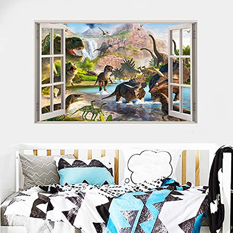 3D Watercolour Dinosaur World Fake Windows Wall Sticker,Peel and Stick Removable Decals for Kids Nursery Bedroom Playroom Living Room Decoration（27.55"x17.32"）