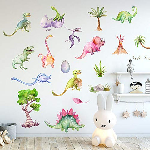 Mendom Watercolour Dinosaur Wall Decals, Peel and Stick Colorful Wall Art Mural for Kids Bedroom,Nursery, Classroom & More