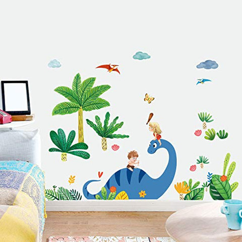 decalmile Dinosaur Wall Decals Palm Tree Kids Wall Stickers Baby Nursery Boys Bedroom Playroom Wall Decor