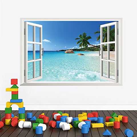 U-Shark 3D Large Removable Sea Beach Vinyl Wall Decal Sticker for Dining Room, Bedroom,Window (Seaview)