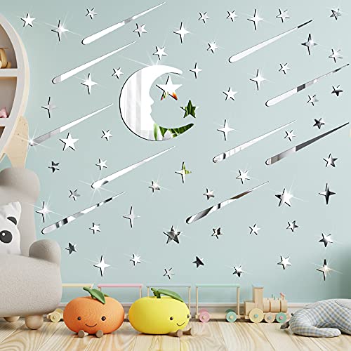 216 Pieces Moon Stars Wall 3D Stickers Acrylic Mirror Wall Decals Deco
