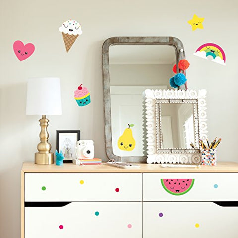 Paper Riot Co. Bright Kawaii Cartoon Food Wall Decals. Includes 19 Characters and 128 Multi-Color dots Peel and Stick Decor, Easy to Remove Vinyl Decals. Safe on Painted Walls or Smooth Surfaces