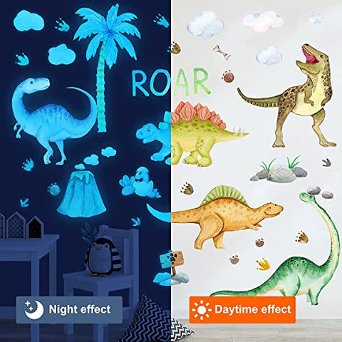 Dinosaur Wall Decals Glow in The Dark Dinosaur Wall Stickers Watercolor Dinosaur Decal Large Removable Vinyl Dino Wall Decals for Boys Bedroom Kids Girls Baby Nursery Playroom Living Room Wall Decor