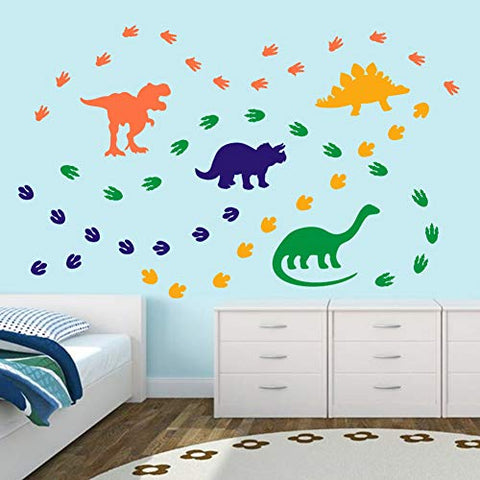 Creative Dinosaur Wall Decals, DIY Adorable Animal Dinosaur Footprints Wall Sticker for Kids Room Classroom Decoration, Orange,Blue,Yellow,Green (74 Pcs)