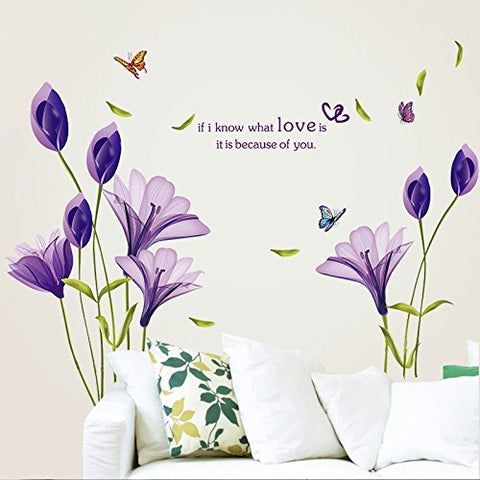 LiveGallery Beautiful Lovely Lily Flowers Wall Decals Removable DIY Butterfly Flower Vines Art Decor Wall Stickers Murals for Living Room TV Background Kids Gilrs Rooms Bedroom Decoration (Purple)