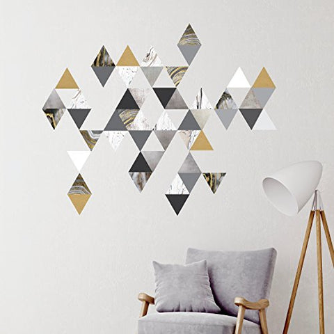 Modern Art Wall Decals, Gold, Gray, Marble, Triangles, Geometric Decals, Repositionable, Fabric Wall Decals Plus 6 Bonus Metallic Gold Triangle Vinyl Decals