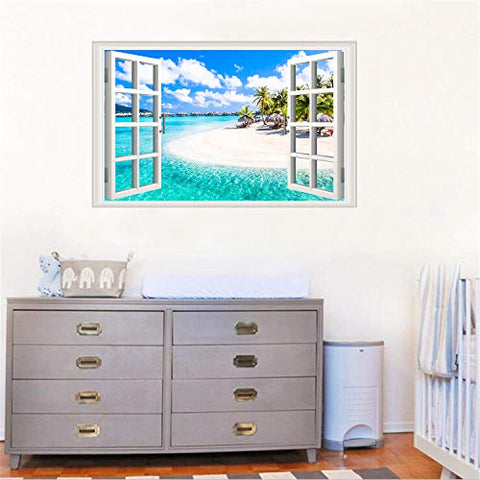Amtoodopin 3D Beach Seascape Fake Windows Wall Stickers Removable Faux Windows Wall Decal Landscape Wall Decor for Livingroom Bedroom (Beach Seascape)