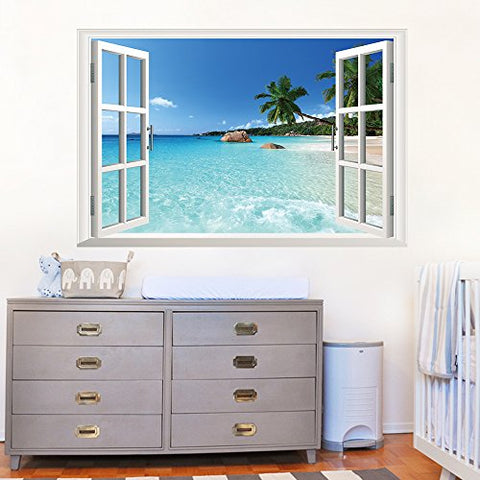 U-Shark 3D Large Removable Sea Beach Vinyl Wall Decal Sticker for Dining Room, Bedroom,Window (Seaview)