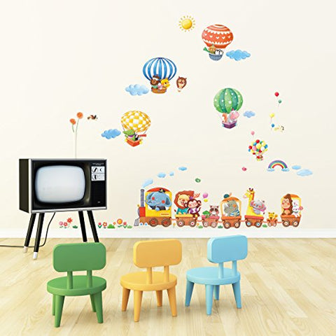 Animal Train and Hot Air Balloons Kids Wall Decals Wall Stickers Peel and Stick Removable Wall Stickers for Kids Nursery Bedroom Living Room