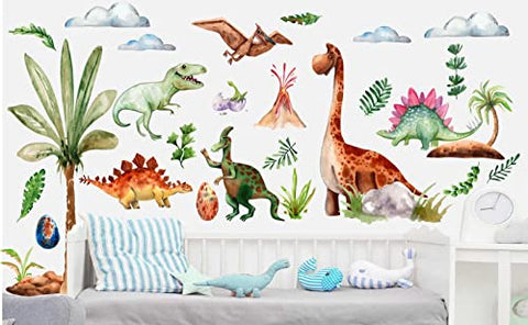 Watercolor Dinosaur Wall Decal Dinosaur Wall Sticker Large Dino Tropical Plant Stickers Peel and Stick Dino Decals for Kids Bedroom Wall Decor