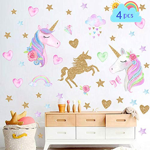 4Sheets Unicorn Wall Decor, Large Size Removable Unicorn Wall Decals Stickers Decor for Girls Bedroom, Wall Decals Unicorn for Nursery Birthday Party Favor Home Decor