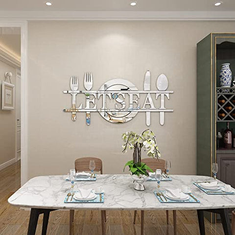 Doeean Let's Eat Sign Acrylic 3D Mirror Wall Decor Wall Decals Decorations Stickers for Kitchen or Dining Room (Silver 26.3 X 13.2)