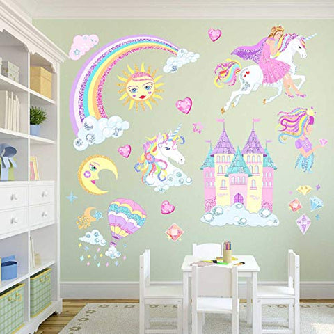 Castle Unicorn Wall Decals Princess Reflective with Heart Rainbow Viny