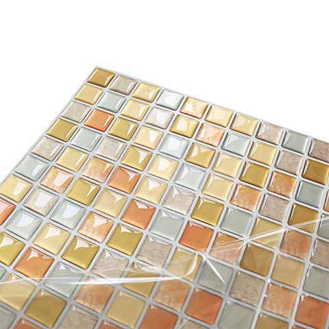 Yoillione 3D Mosaic Tile Sticker Removable Wallpaper Tile Yellow, 3D Self Adhesive Wall Tiles Bathroom Wall Tiles for Kitchen Backsplash Yellow, PVC Square Decorative Vinyl Tile Decals, 4 Sheets