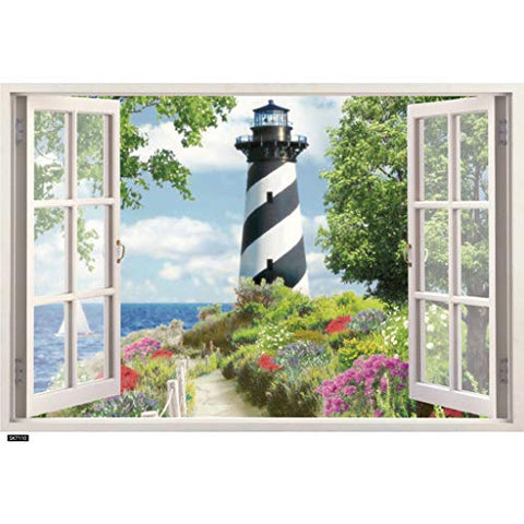Weisfe78 1 pc PVC 3D Simulation Window Lighthouse Wall Decals Removable Peel and Stick Wall Stickers Living Room Bedroom Background Wall Decoration Wall Sticker, 50X70cm
