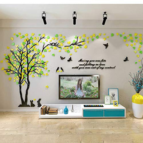 KINBEDY Acrylic 3D Tree Wall Stickers Wall Decal Easy to Install &Apply DIY Decor Sticker Home Art Decor. Tree with Yellow and Green Leaves.