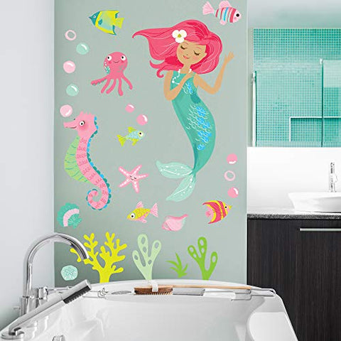 Wallies Vinyl Wall Decals, Mermaid Wall Sticker for Girls Bedroom or Bathroom, 26 Pc