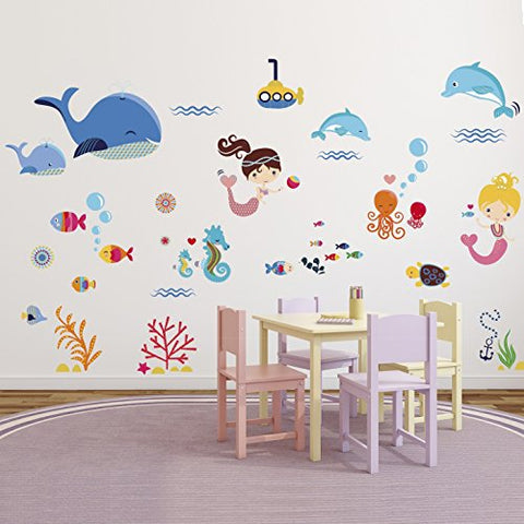 Playful Mermaids Decorative Peel & Stick Wall Art Sticker Decals for Kids Room Girls Room Nursery