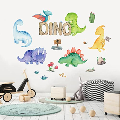 Yovkky Watercolor Boys Dinosaur Wall Decals Stickers, Neutral Dino Animal Peel and Stick Removable Nursery Cactus Decor, Home Baby Room Decorations Girls Kids Bedroom Playroom Art Party Supply Gifts
