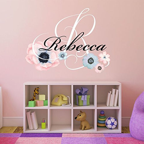 Nursery Water Color Flowers Personalized Custom Name and Initial Wall Decal Sticker 28" W by 26" H, Girls Name Wall Decal, Baby Girl Wall Decor, Girls Decor Bedroom, Plus Free Hello Door Decal