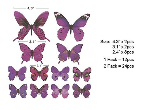Butterfly Wall Decals, 24 Pcs 3D Butterfly Removable Mural Stickers Wall Stickers Decal Wall Decor for Home and Room Decoration (Purple)