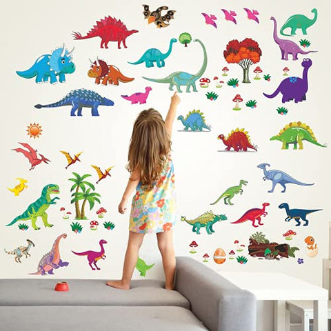 Dinosaur Decals for Boys Room, Decorative Dinosaur Stickers, Colorful Peel & Stick Dino Wall Decor for Nursery, Living Room, Classroom, Kids Party Decorations and Favors , 77pcs