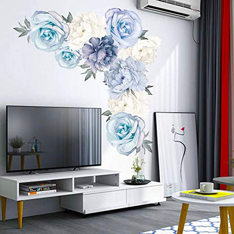 Amaonm Creative Removable 3D Light Blue and White Peony Flower Wall Decals Floral Wall Sticker DIY Peel and Stick Art Decor for Living Room Kids Bedroom Baby Girls Nursery Rooms Wall Corner (Peony)