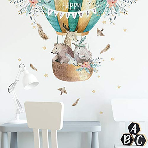 Hot Air Balloon Wall Decals Cartoon Animals Wall Stickers for Kids Room, Colorful Balloon Wall Posters Cute Art Murals for Nursery Bedroom Boys Room