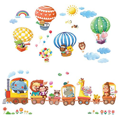 Animal Train and Hot Air Balloons Kids Wall Decals Wall Stickers Peel and Stick Removable Wall Stickers for Kids Nursery Bedroom Living Room