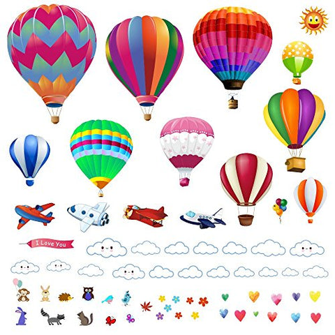 Wall Decals - Large Hot Air Balloon Stickers - Decorative Vinyl Peel and Stick Classroom Decorations Wall Art Mural for Children’s Bedroom, Baby Nursery and Playroom - 49pcs