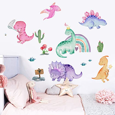 Yovkky Watercolor Girls Dinosaur Wall Decals Stickers, Dino Rainbow Pink Purple Cactus Nursery Decor, Tropical Plant Home Decorations Kids Playroom Bedroom Toddler Baby Shower Room Art Gift
