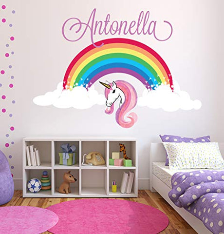 Unicorn Wall Decal Art Custom Name Wall Decals Girls Bedroom Nursery Rainbow Wall Decor Removable Vinyl Wall Stickers ND19 (24"W x 18"H inches)