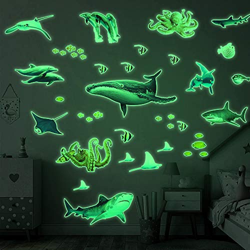 Amaonm Removable Glow in The Dark Ocean Animals Wall Sticker Glowing Under  The Sea Fish Wall Decal Peel and Stick Luminous Whale, Shark, Squid Art