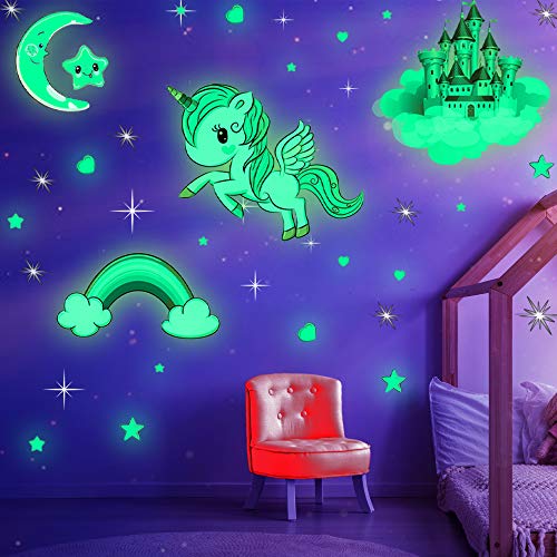 Glow in The Dark Stars for Ceiling,Unicorn Wall Decals Stickers Unicorn Wall Decor for Girls Bedroom Luminous Glow Unicorn Stars Planet Ceiling