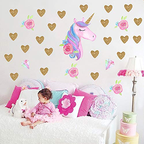 4 Sheets Unicorn Wall Decals Stickers for Girls Room,Large Size Unicorn  Wall Sticker Decor for Gilrs Kids Bedroom Birthday Party…