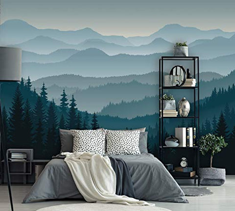 Removable Peel 'n Stick Wallpaper, Self-Adhesive Wall Mural, 3D Mountain Mural Wallpaper, Nursery • Ombre Blue Mountain Pine Forest Trees (24"W x 96"H Inches)