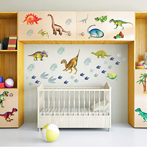 66 Pieces Watercolor Dinosaur Wall Decals Dinosaur Feet Wall Stickers Removable DIY Dinosaur Peel Wild Dinosaur for Kids Baby Bedroom Living Room Bathroom Office Wall Decors